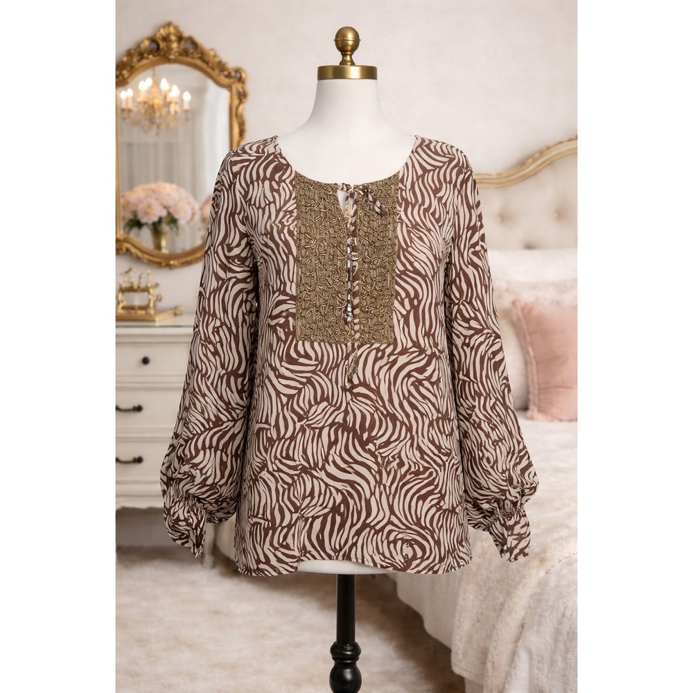 Susan Graver Tunic Top Brown White‎ Print Long Sleeve Tie Split Neck Size 1X